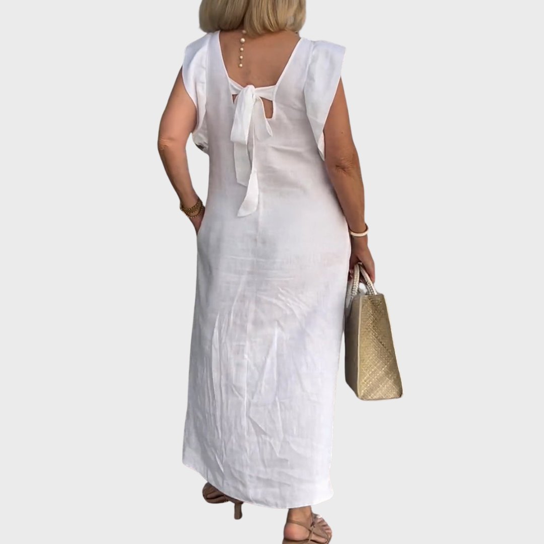 Linen Midi Dress V-Neck Ruffle Sleeves Back-Tie Detail