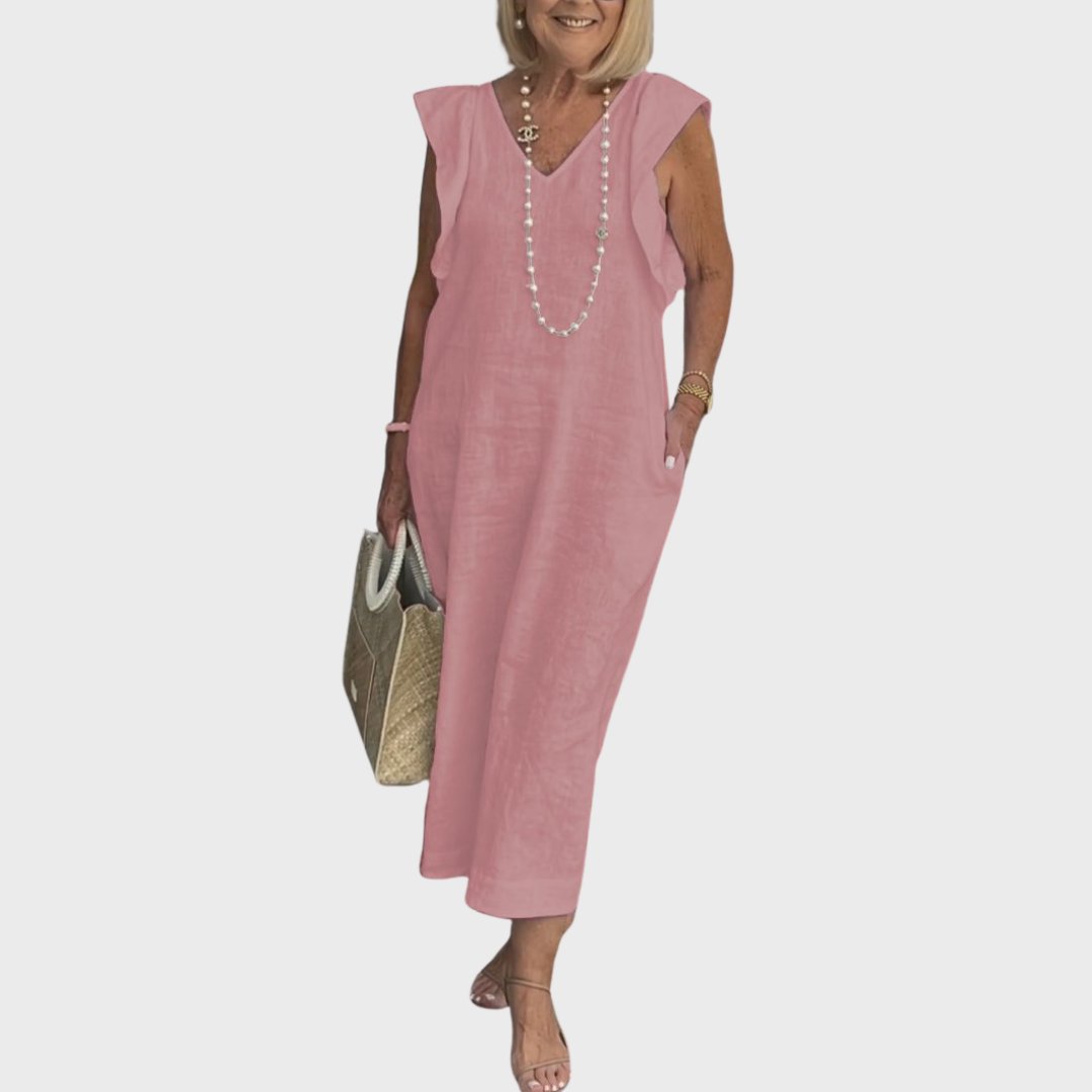 Linen Midi Dress V-Neck Ruffle Sleeves Back-Tie Detail - Pink