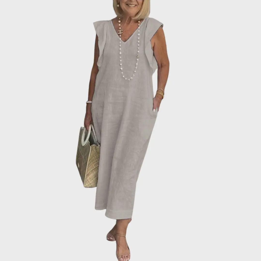 Linen Midi Dress V-Neck Ruffle Sleeves Back-Tie Detail - Grey