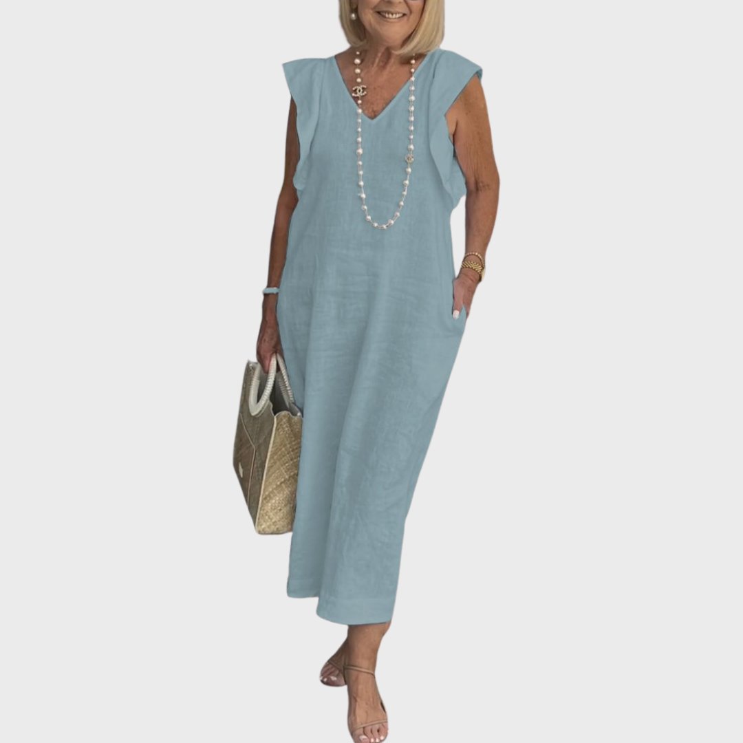 Linen Midi Dress V-Neck Ruffle Sleeves Back-Tie Detail - Blue