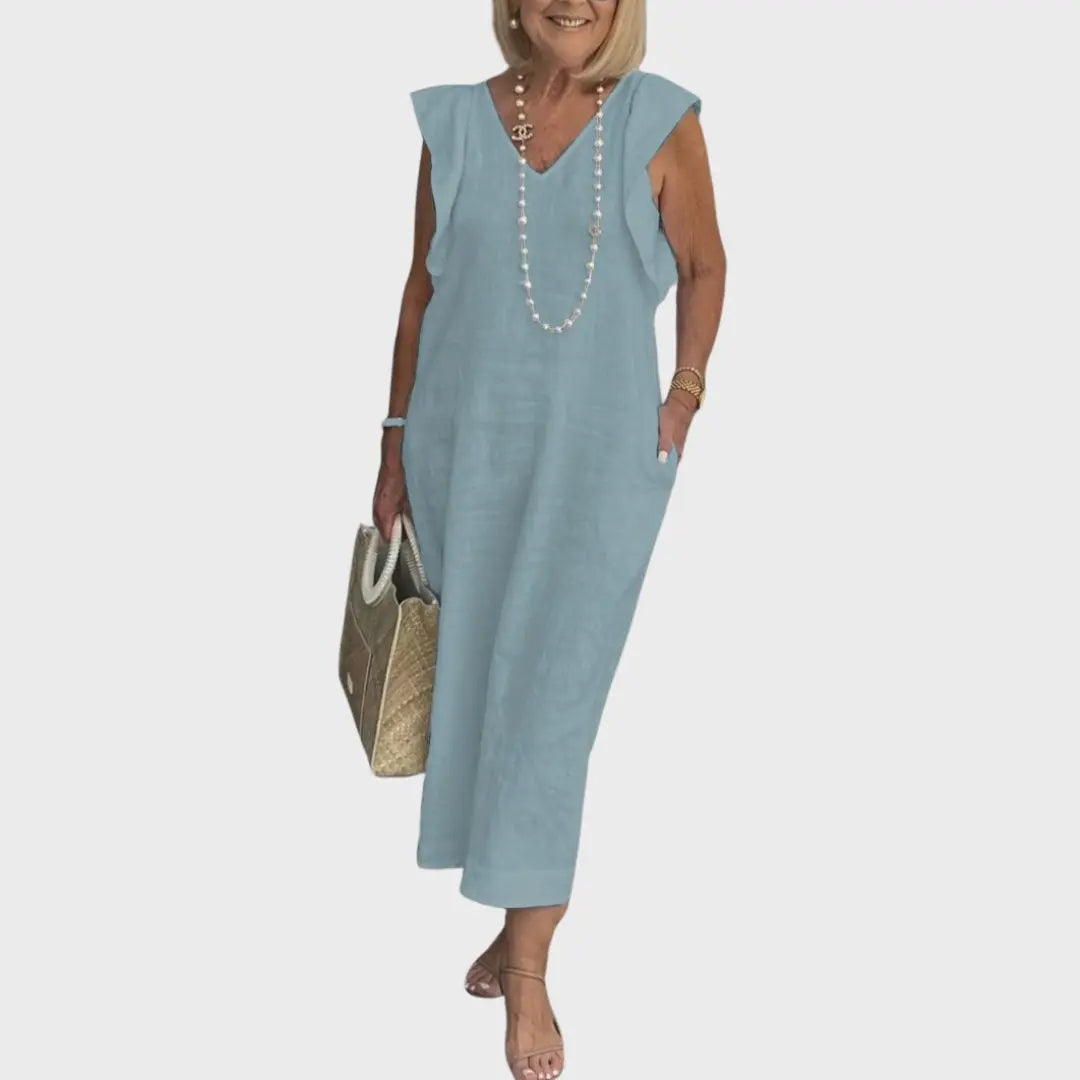 Linen Midi Dress V-Neck Ruffle Sleeves Back-Tie Detail - Blue