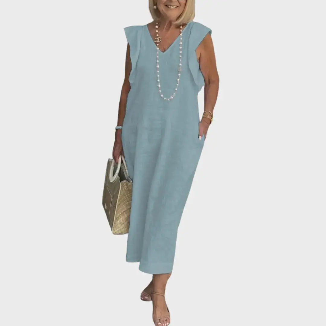 Linen Midi Dress V-Neck Ruffle Sleeves Back-Tie Detail - Blue