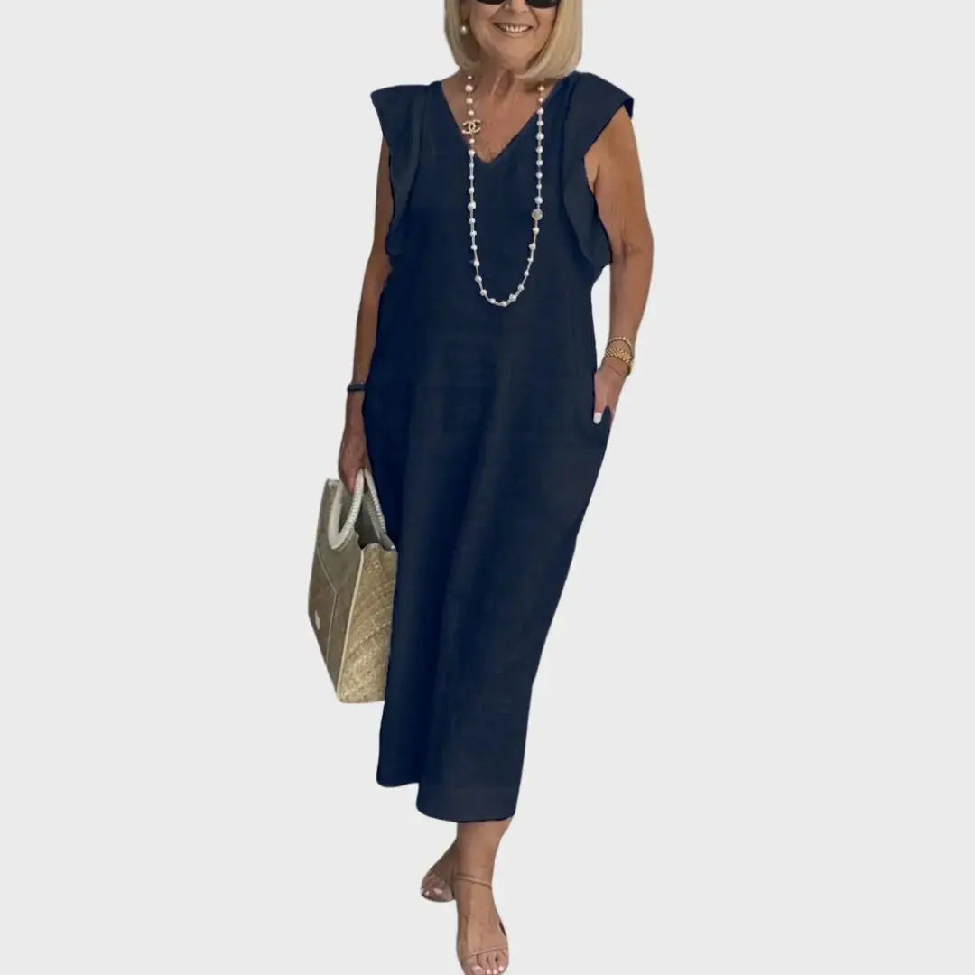 Linen Midi Dress V-Neck Ruffle Sleeves Back-Tie Detail - Dark Blue