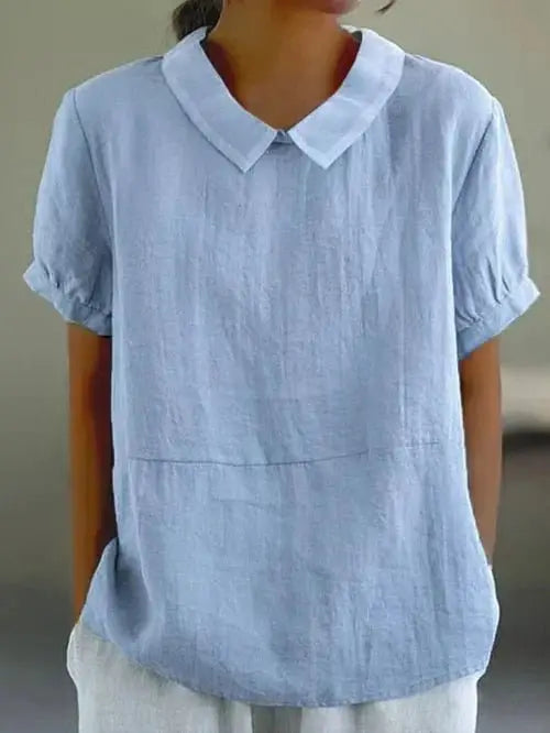 Linen Peter Pan Collar Top Short Sleeve Casual Blouse - Blue