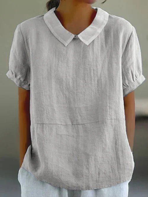 Linen Peter Pan Collar Top Short Sleeve Casual Blouse - Gray