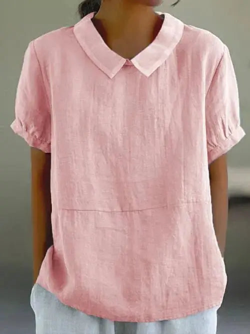 Linen Peter Pan Collar Top Short Sleeve Casual Blouse - Pink