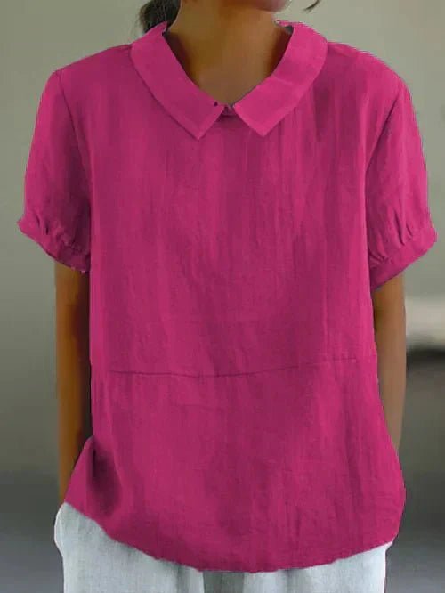 Linen Peter Pan Collar Top Short Sleeve Casual Blouse - Dark Pink