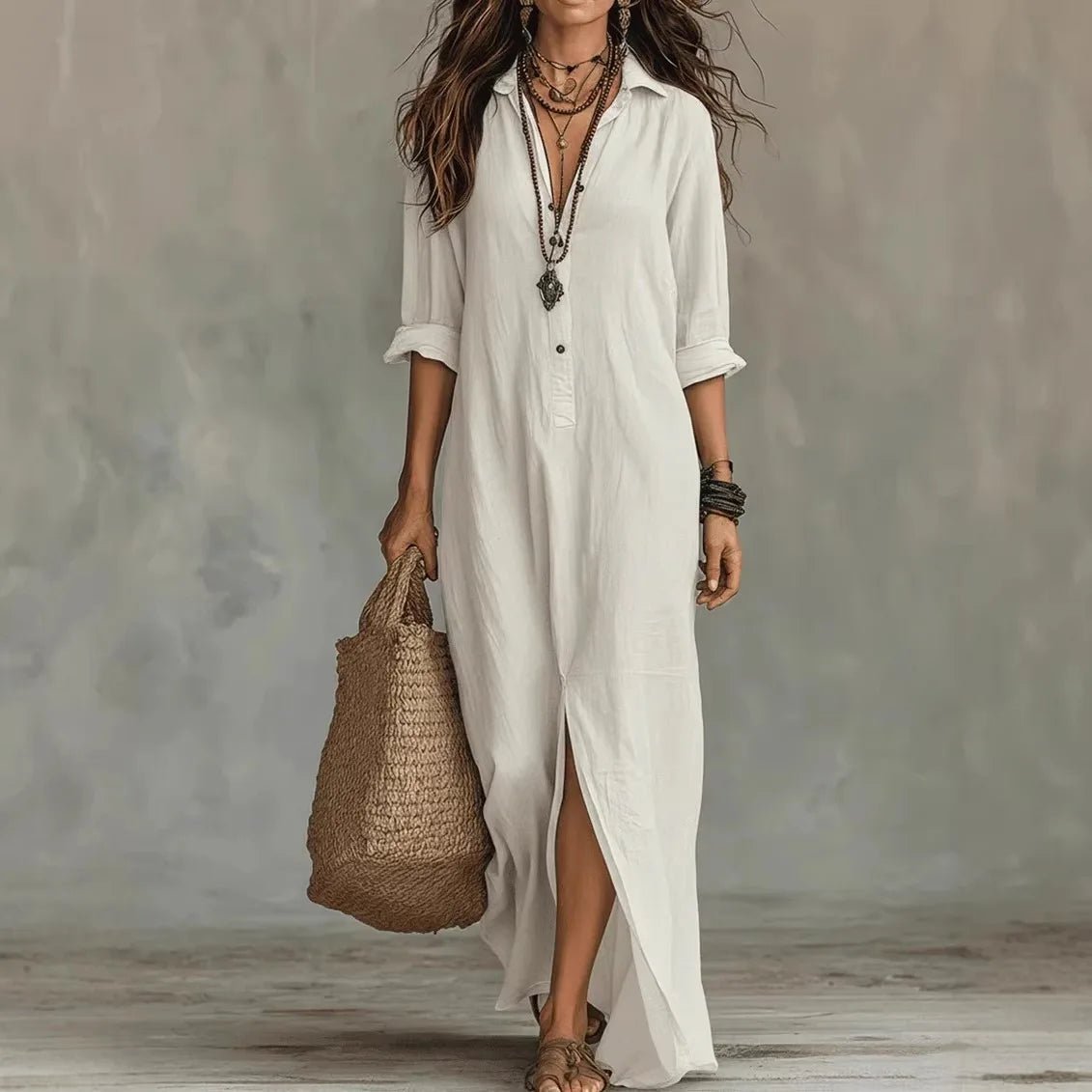 Linen Shirt Dress Long Sleeve Button Down Maxi - White