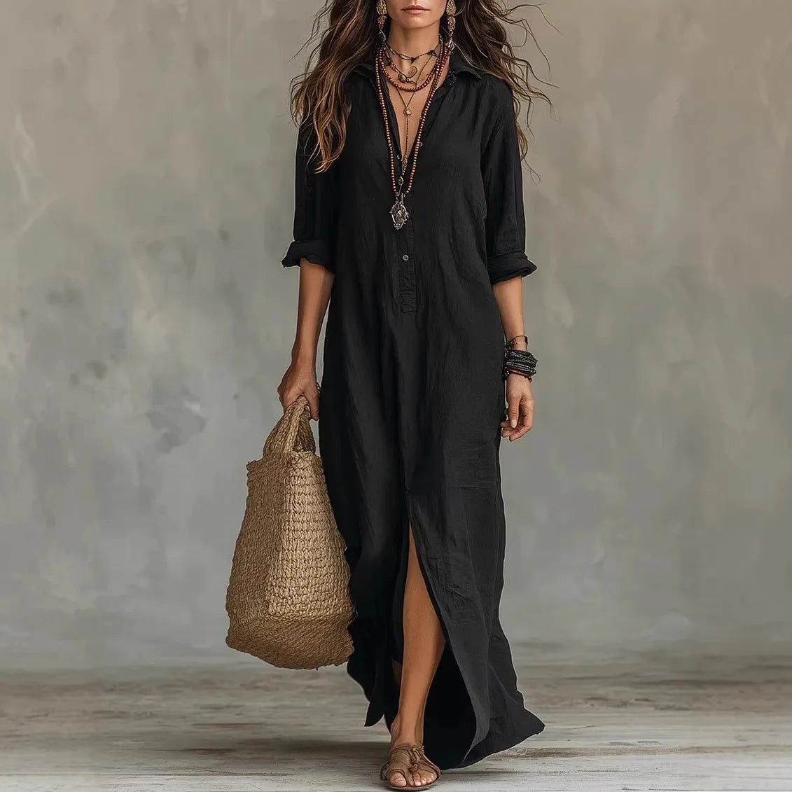 Linen Shirt Dress Long Sleeve Button Down Maxi - Black