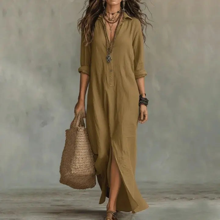 Linen Shirt Dress Long Sleeve Button Down Maxi - Khaki