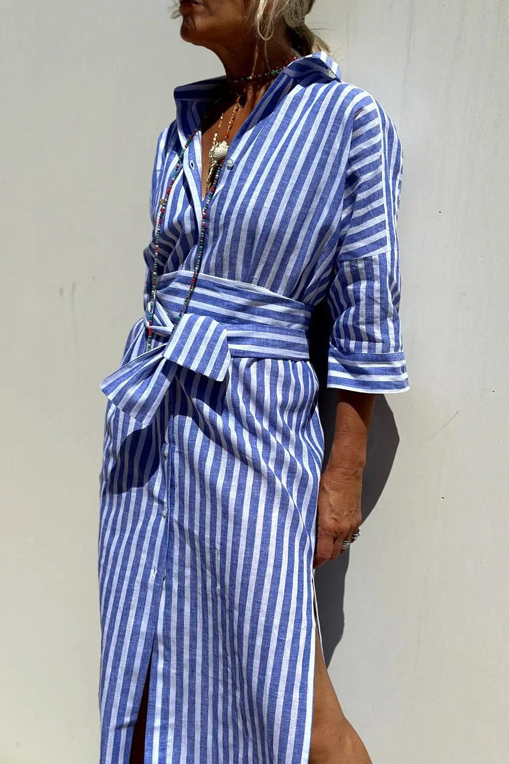 Linen Striped Shirt Dress Collared Button-Down Midi