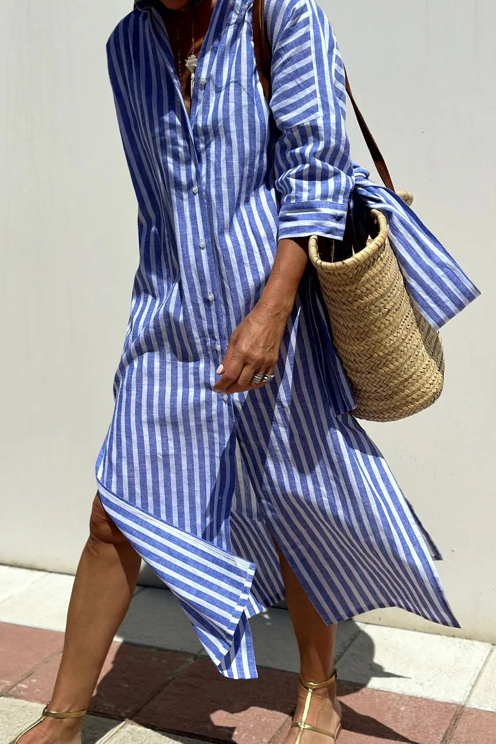 Linen Striped Shirt Dress Collared Button-Down Midi - Blue