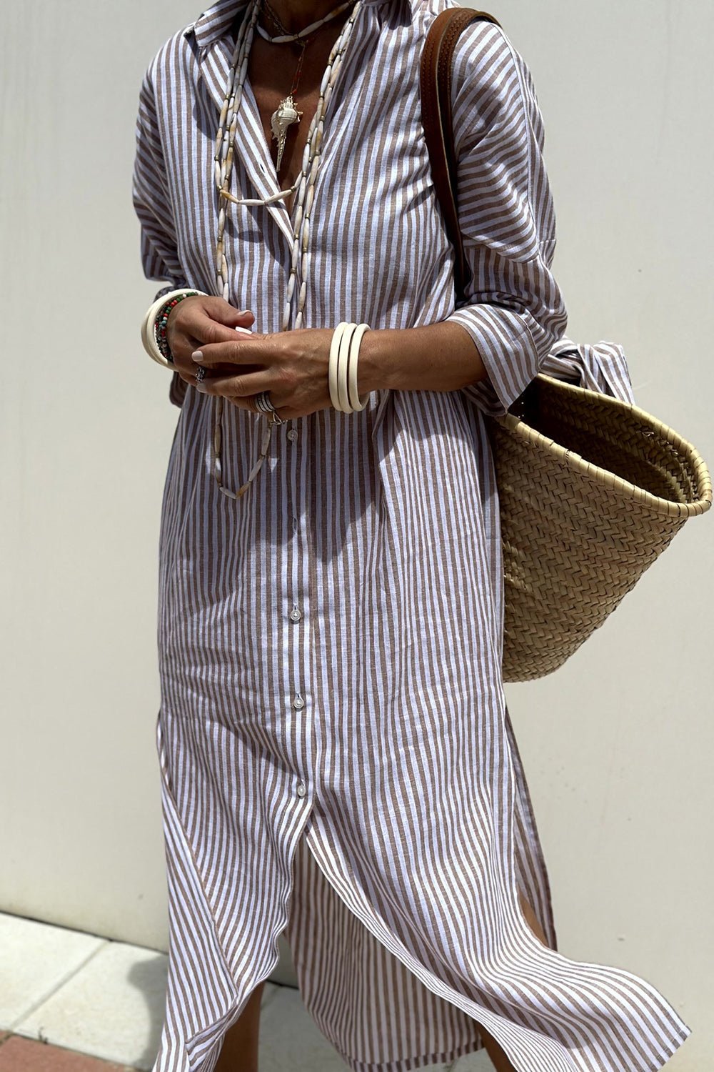 Linen Striped Shirt Dress Collared Button-Down Midi