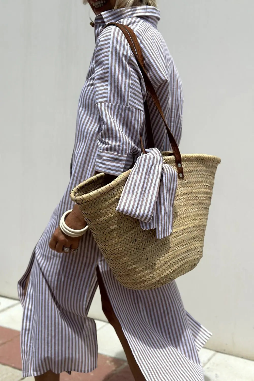 Linen Striped Shirt Dress Collared Button-Down Midi