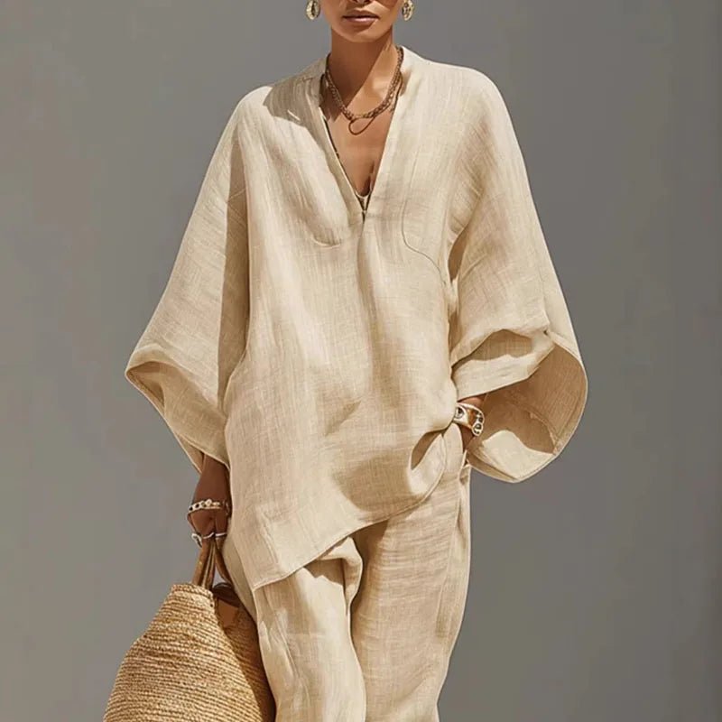Linen Two-Piece Set Batwing Sleeves Relaxed Fit