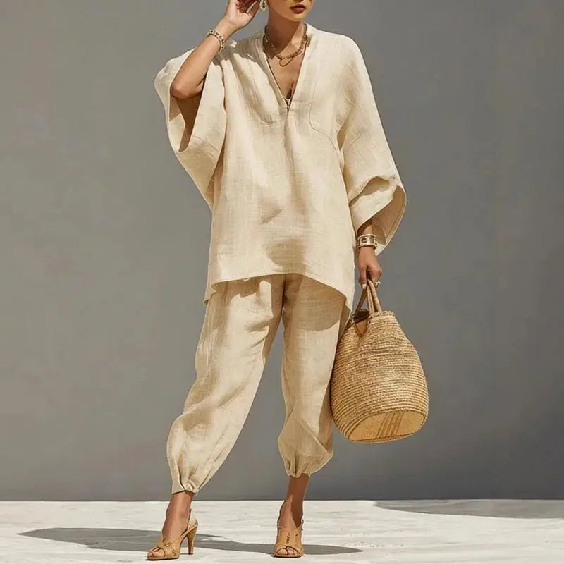 Linen Two-Piece Set Batwing Sleeves Relaxed Fit - Apricot