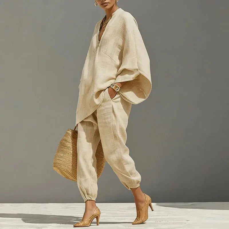 Linen Two-Piece Set Batwing Sleeves Relaxed Fit
