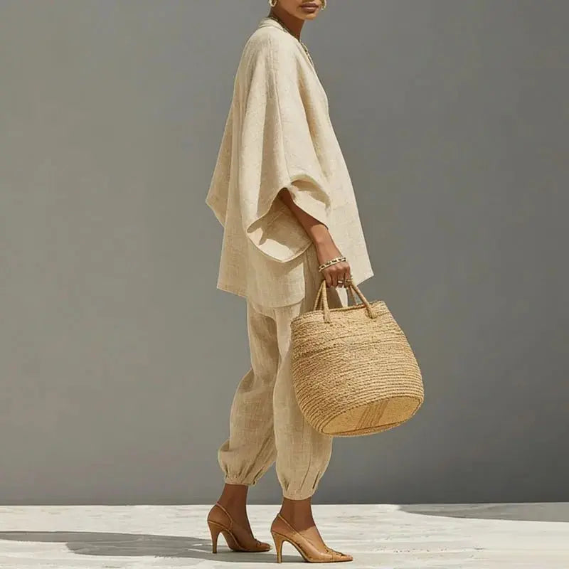 Linen Two-Piece Set Batwing Sleeves Relaxed Fit