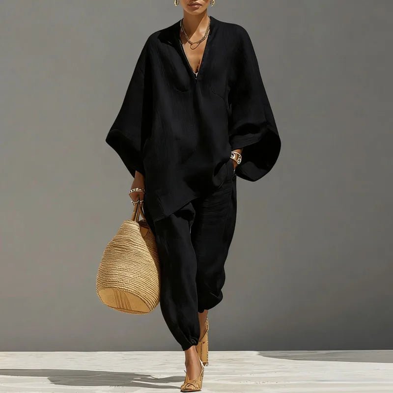 Linen Two-Piece Set Batwing Sleeves Relaxed Fit - Black
