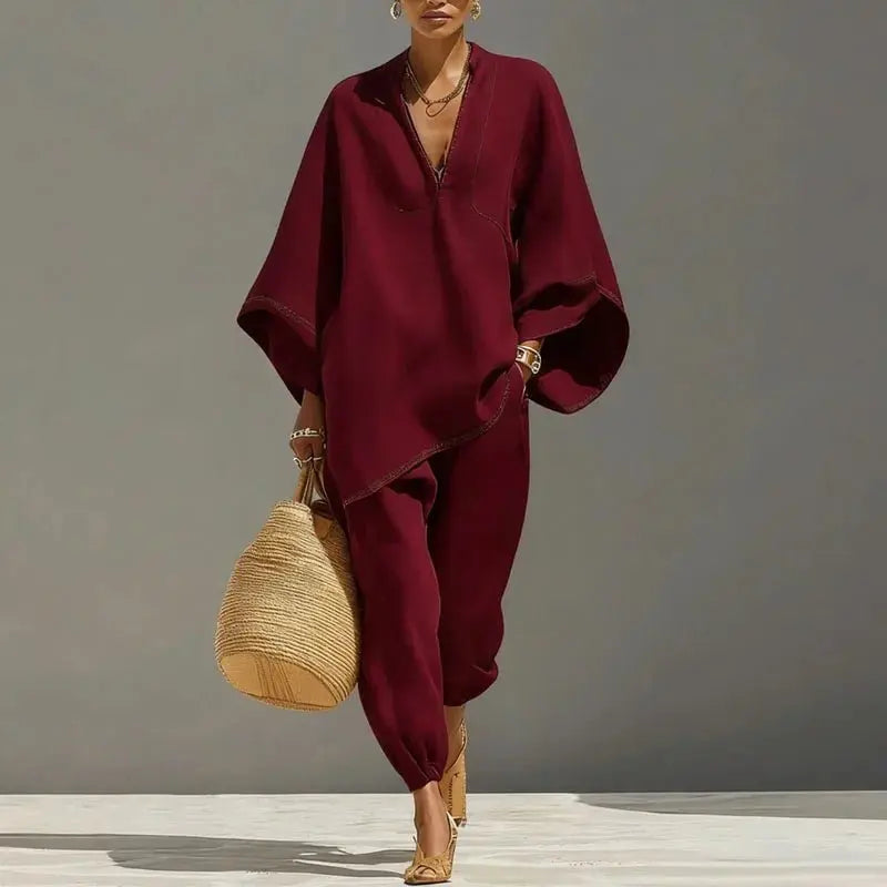 Linen Two-Piece Set Batwing Sleeves Relaxed Fit - Wine Red