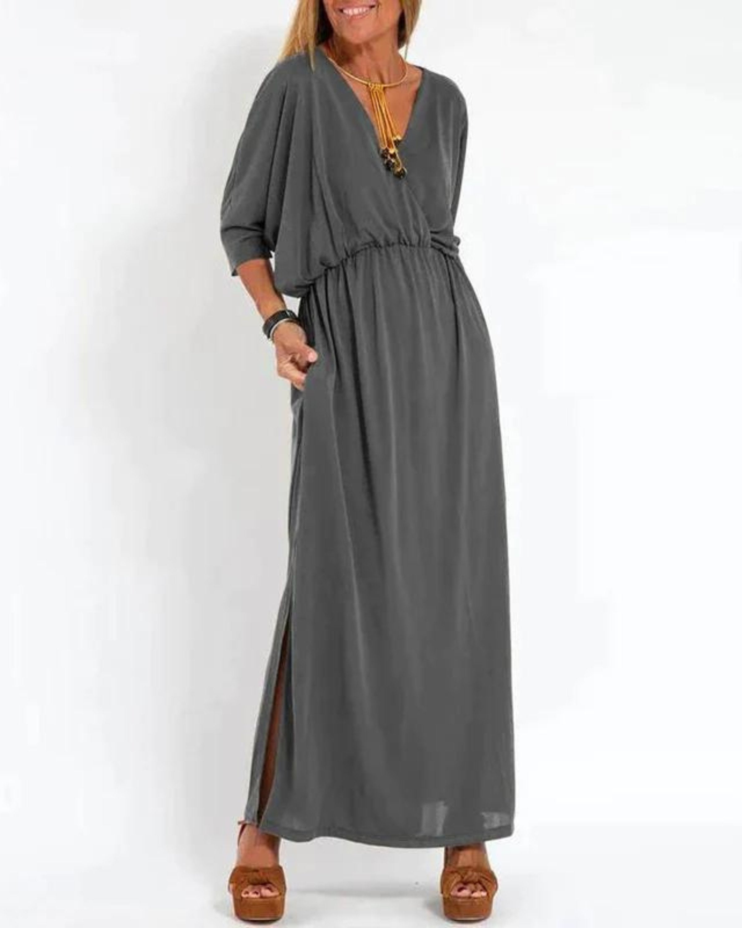 Maxi Dress Batwing Sleeves Elastic Waist Summer - Gray
