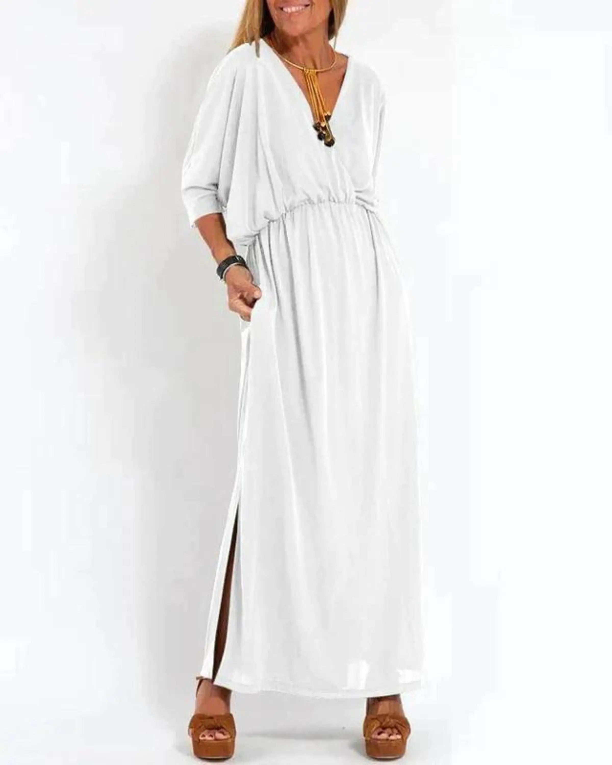 Maxi Dress Batwing Sleeves Elastic Waist Summer - White