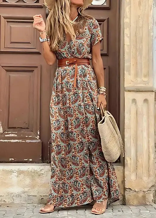 Maxi Dress Bohemian Gathered Waist Breathable Summer - Brown