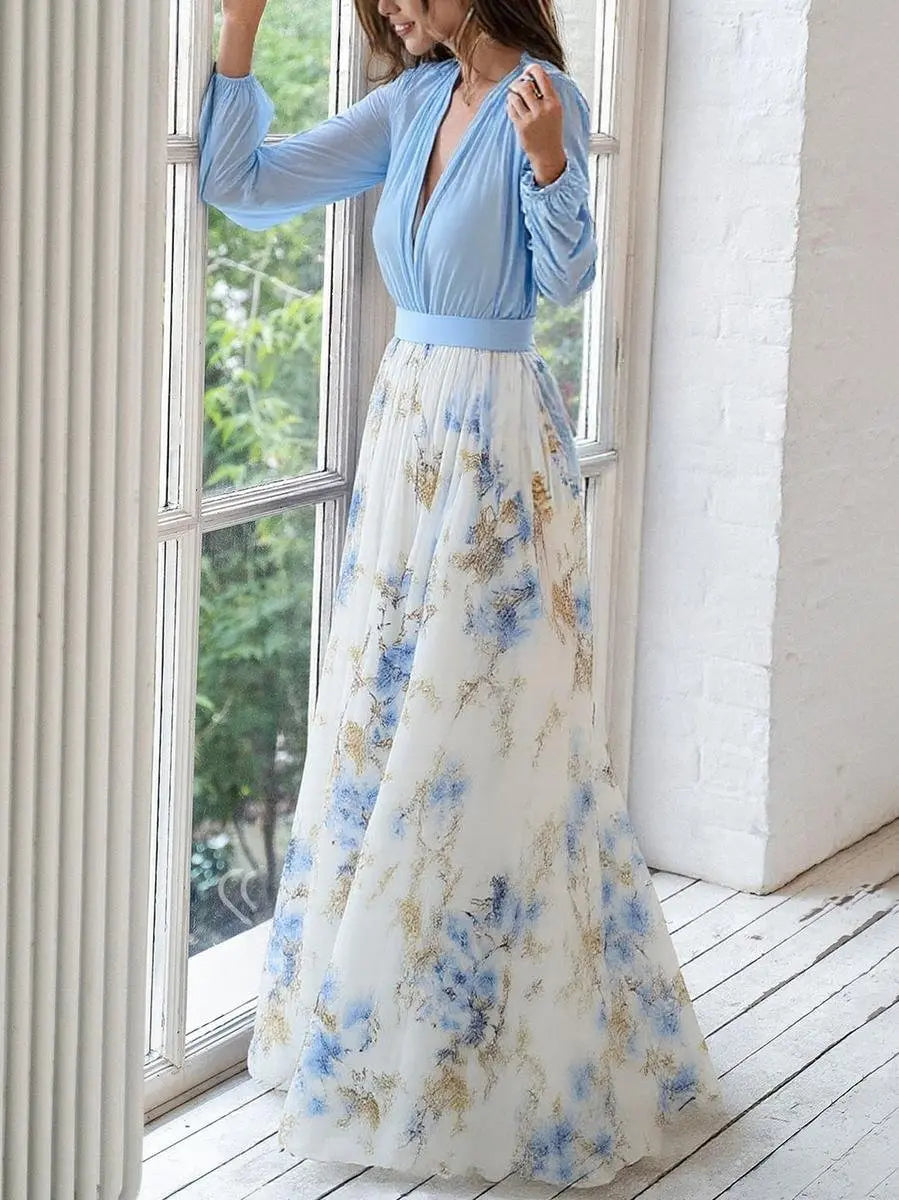 Maxi Dress Deep V-Neck Long Sleeve Floral Print Flowing