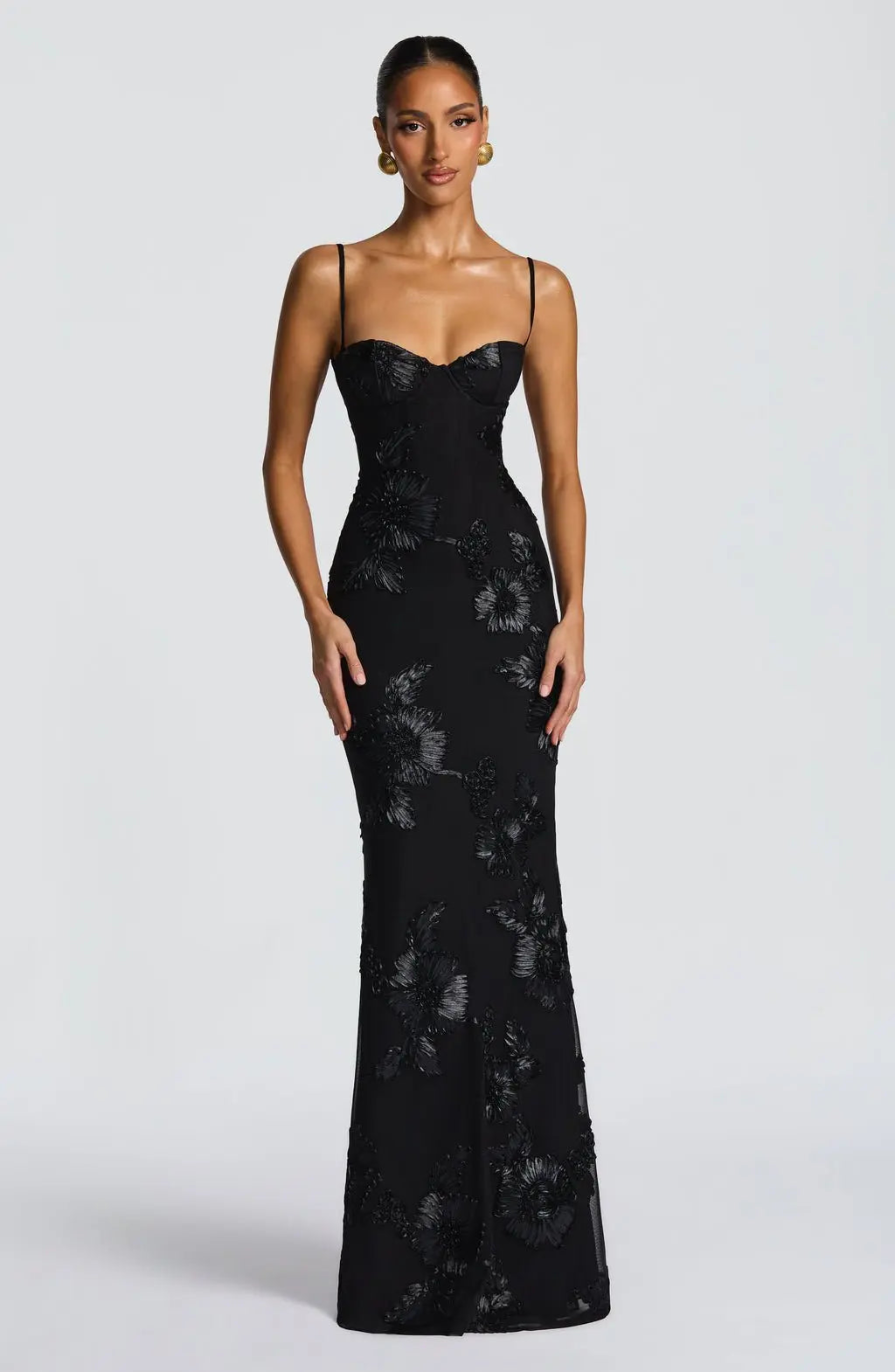 Maxi Dress Floral Embroidered Corset Spaghetti Strap - Black