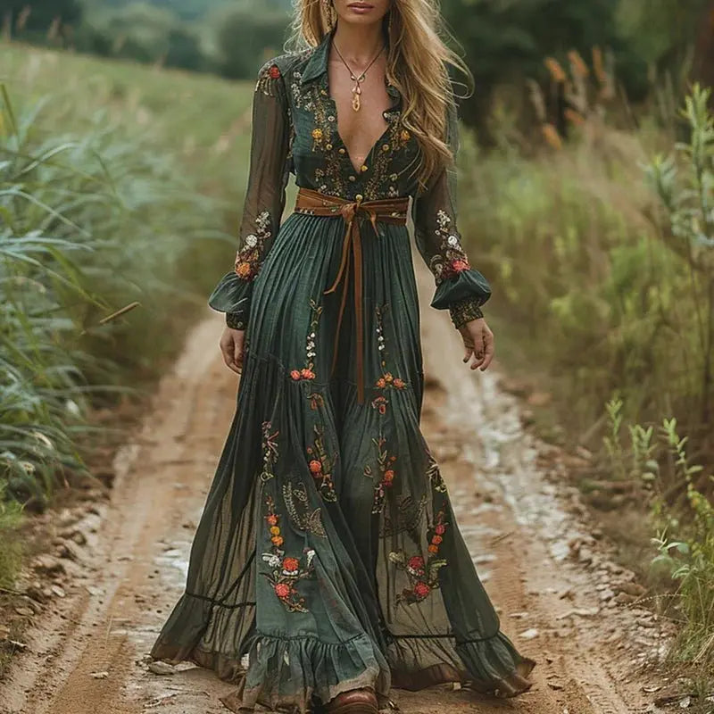 Maxi Dress Floral V-Neck Long Sleeve Bohemian Pleated - Green (Almost Sold Out)
