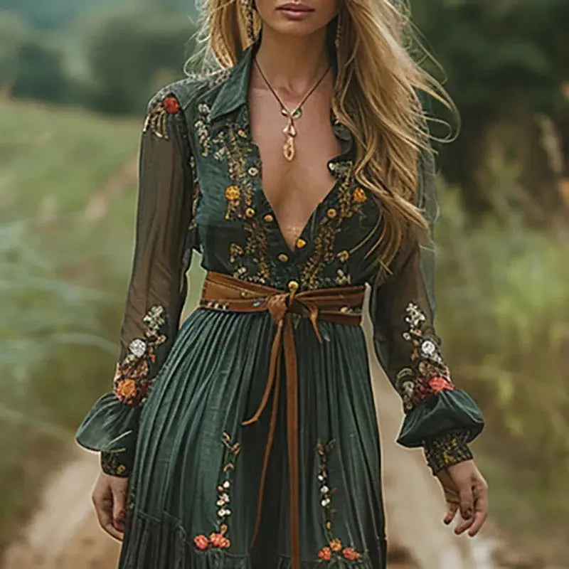 Maxi Dress Floral V-Neck Long Sleeve Bohemian Pleated