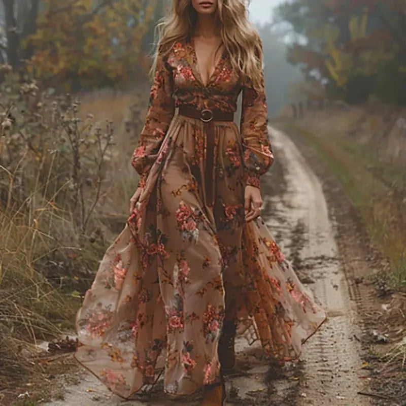 Maxi Dress Floral V-Neck Long Sleeve Bohemian Pleated - Dark Brown