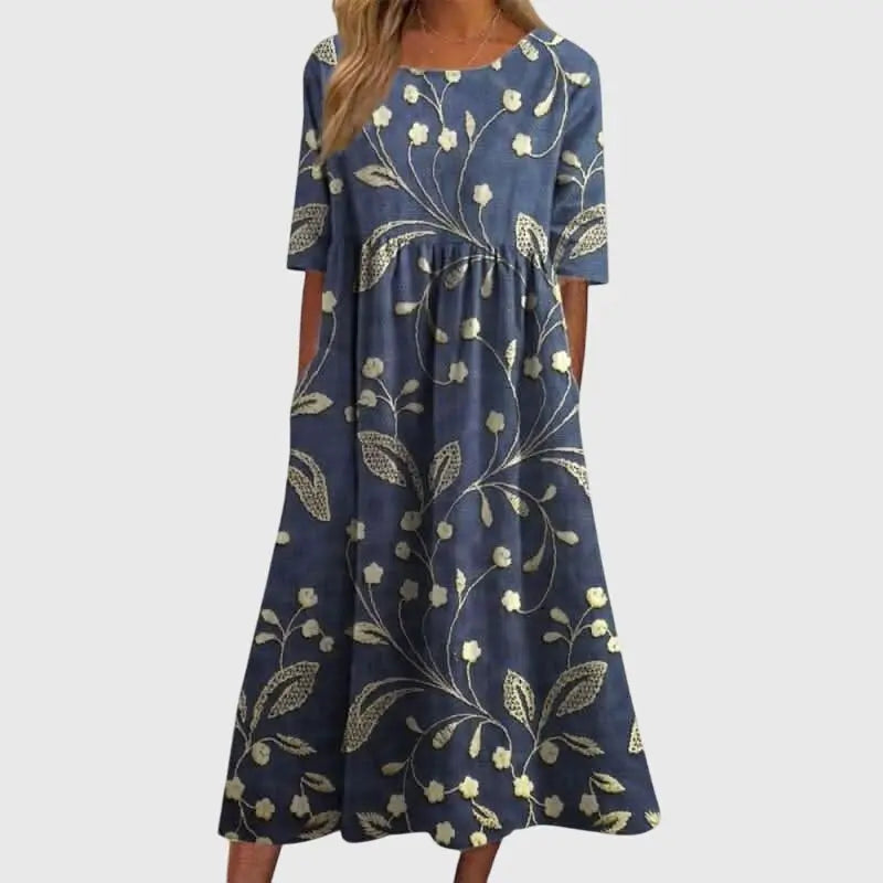 Maxi Dress Flowy Silhouette Three Quarter Sleeve Embroidered - Navy Blue