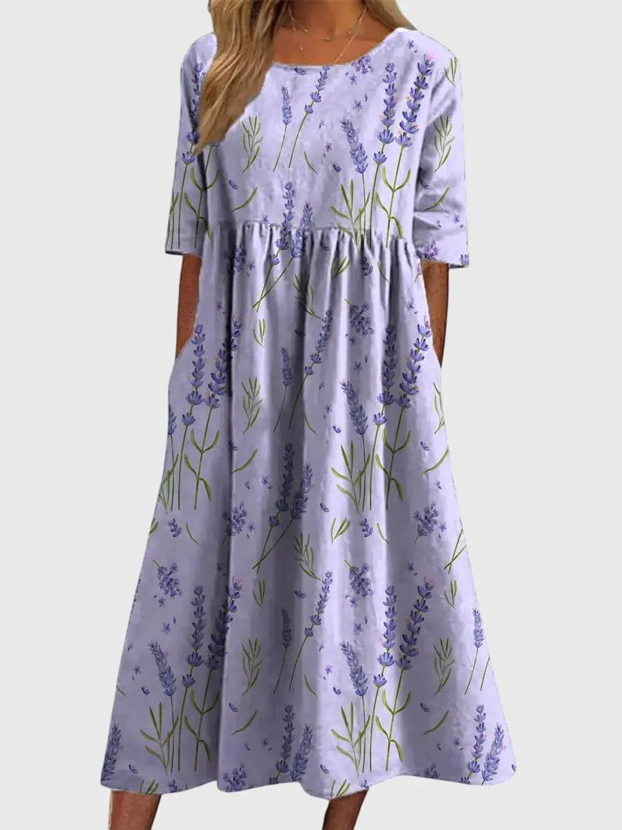 Maxi Dress Flowy Silhouette Three Quarter Sleeve Embroidered - Lavender
