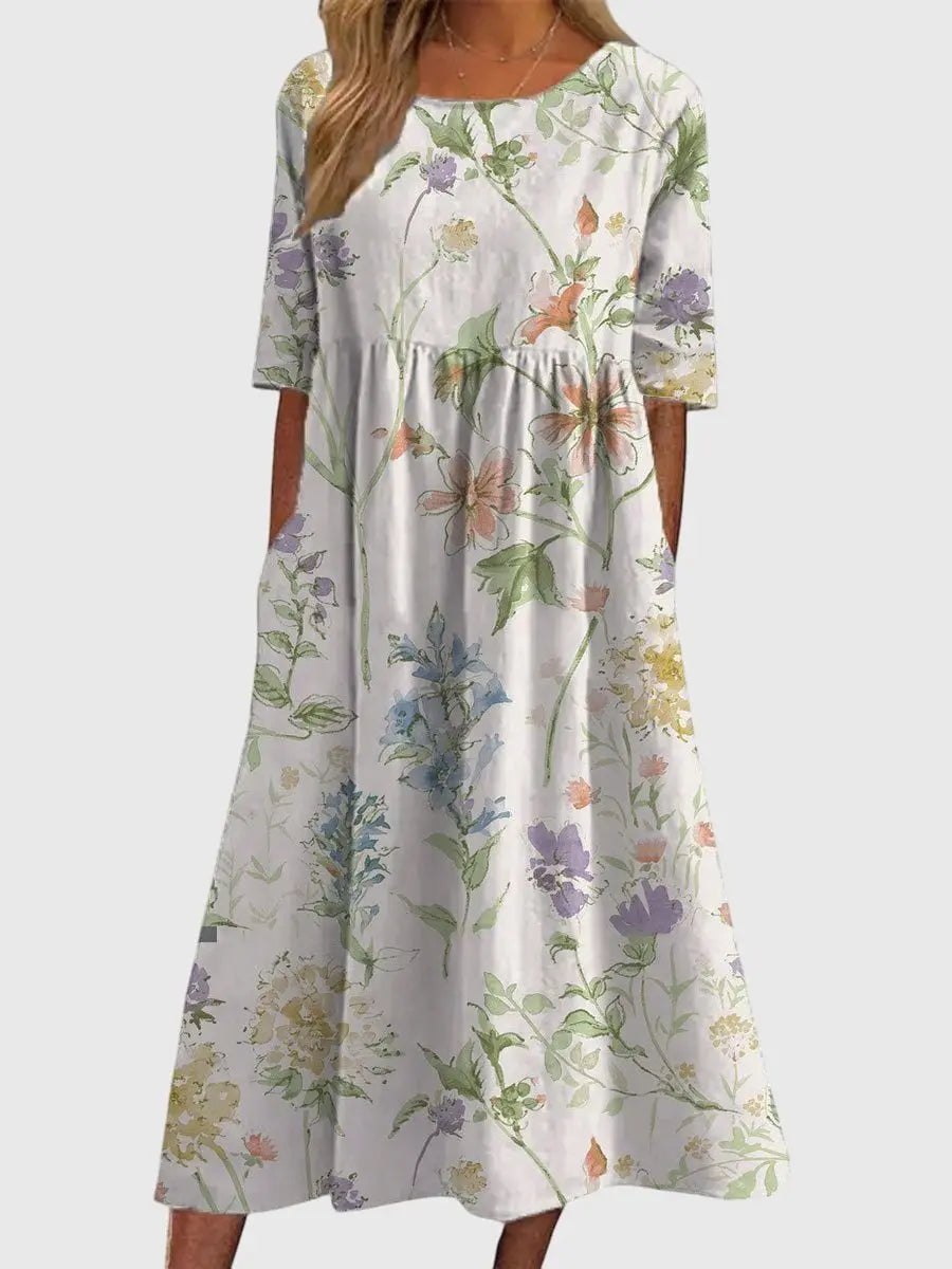 Maxi Dress Flowy Silhouette Three Quarter Sleeve Embroidered - White
