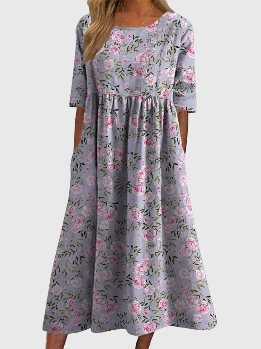 Maxi Dress Flowy Silhouette Three Quarter Sleeve Embroidered - Dusty Lilac
