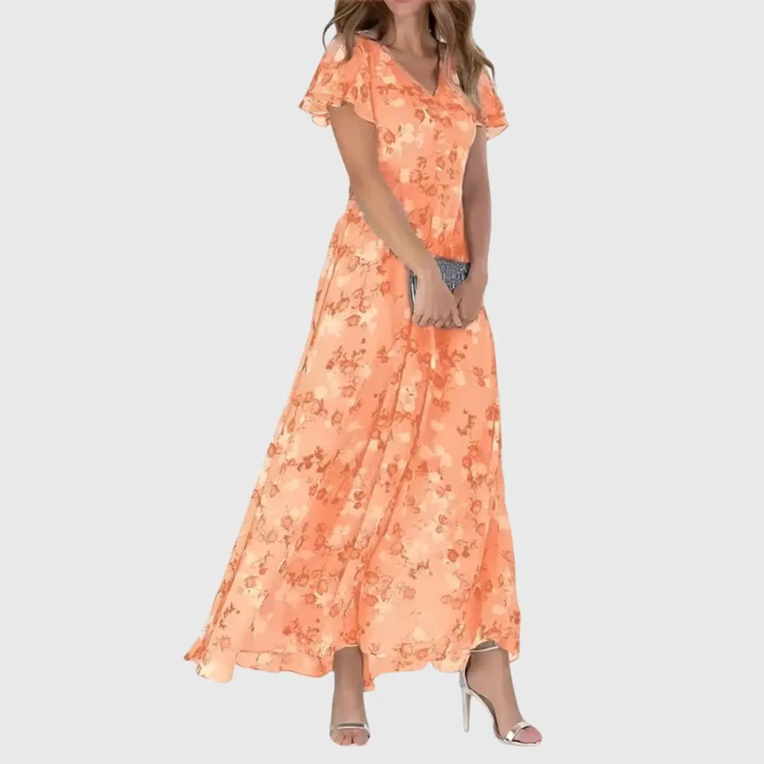 Maxi Dress Flutter Sleeves V-Neck Floral Print - Orange
