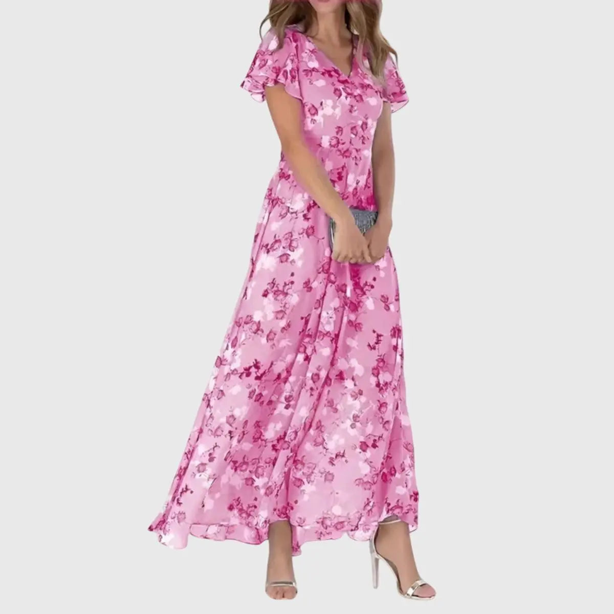 Maxi Dress Flutter Sleeves V-Neck Floral Print - Light Pink