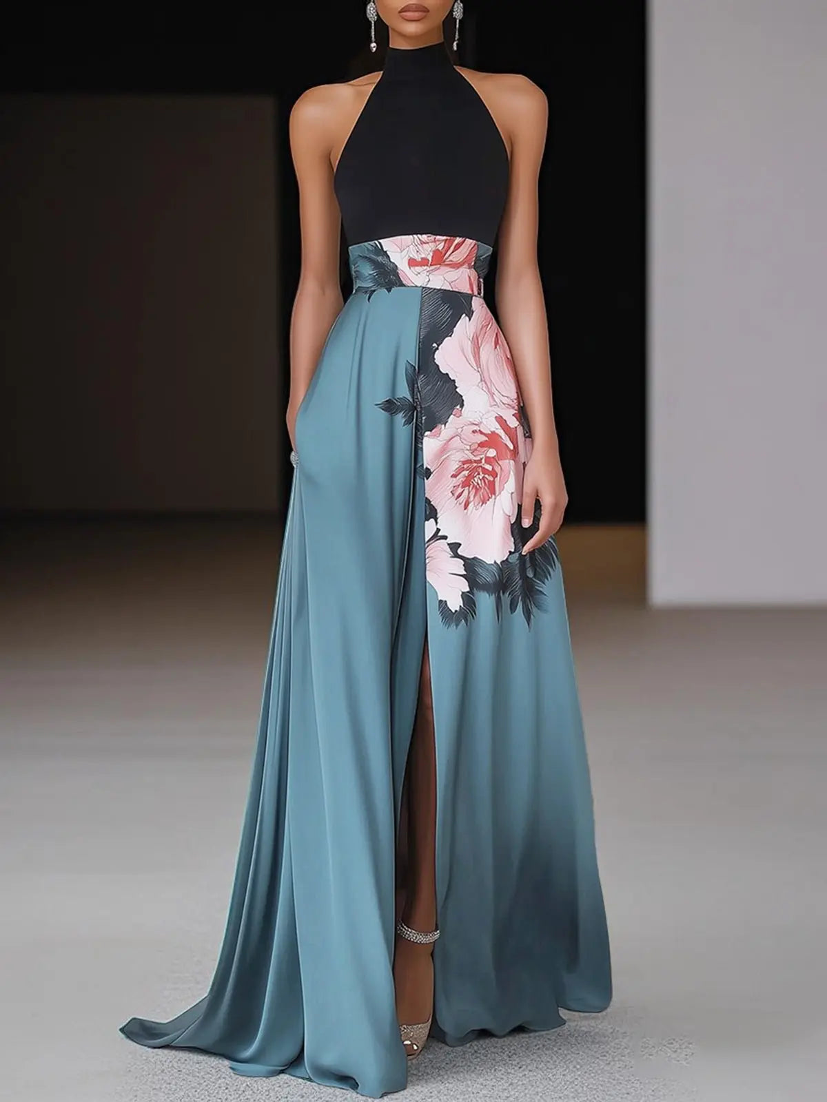 Maxi Dress Halterneck Floral A-Line Side Slit Sleeveless - Black