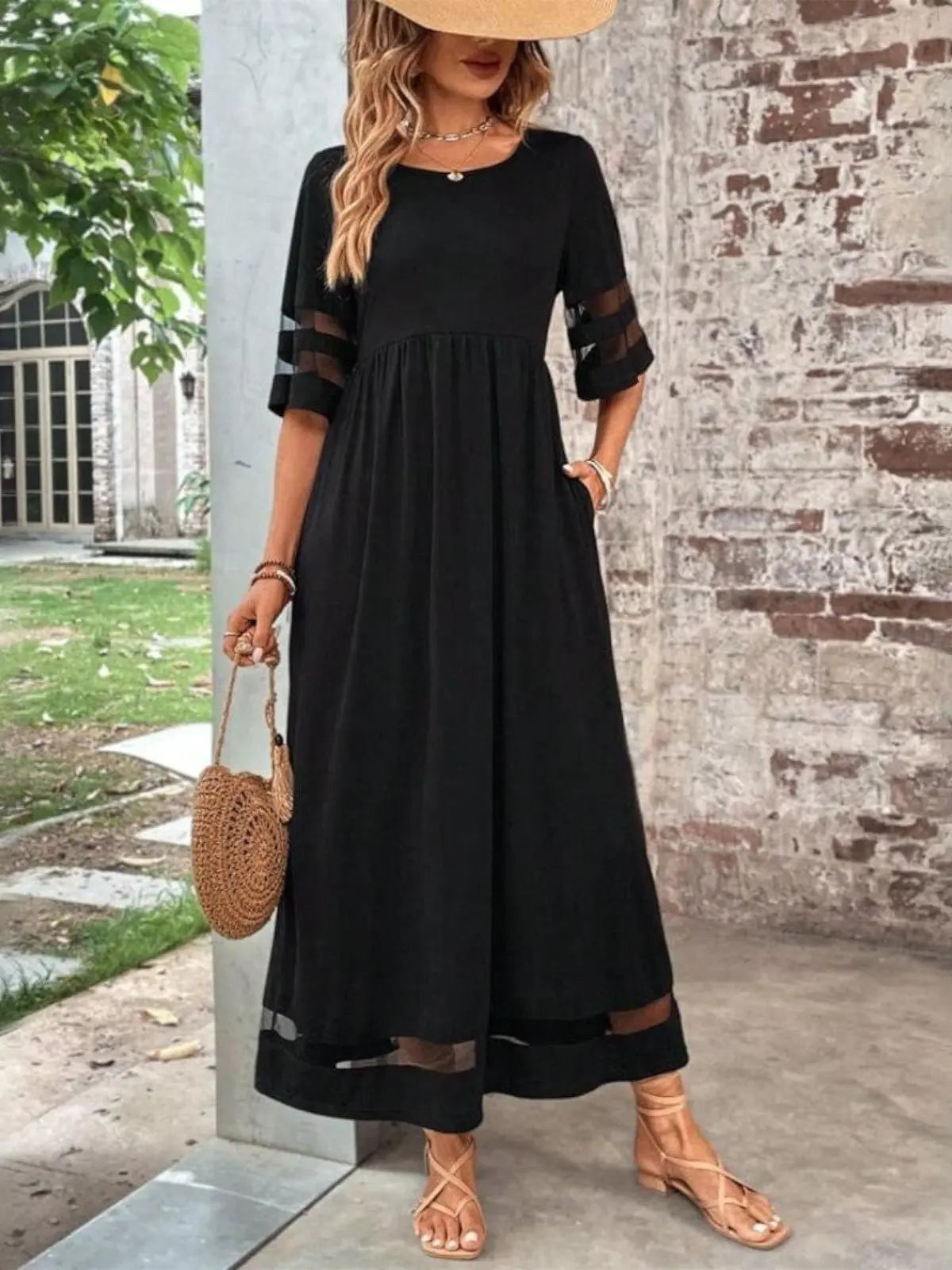 Maxi Dress Mesh Panel Sleeves Tummy Flattering Fit - Black