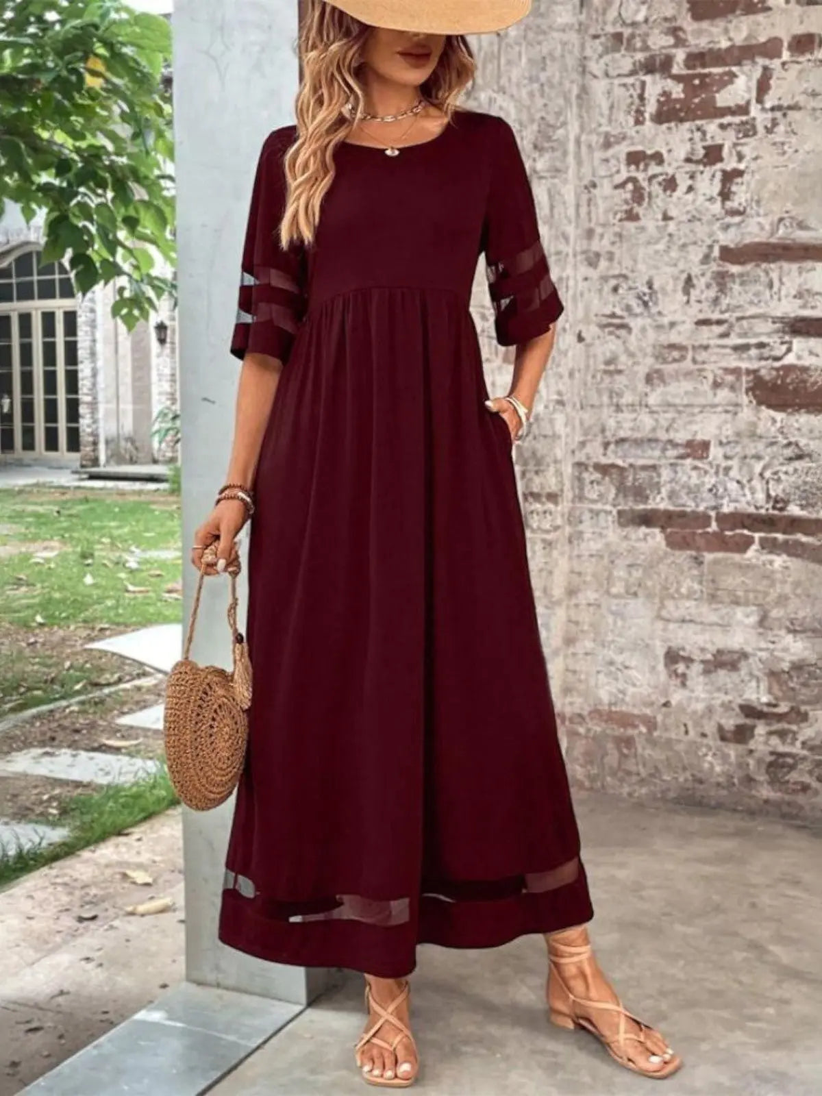 Maxi Dress Mesh Panel Sleeves Tummy Flattering Fit - Red