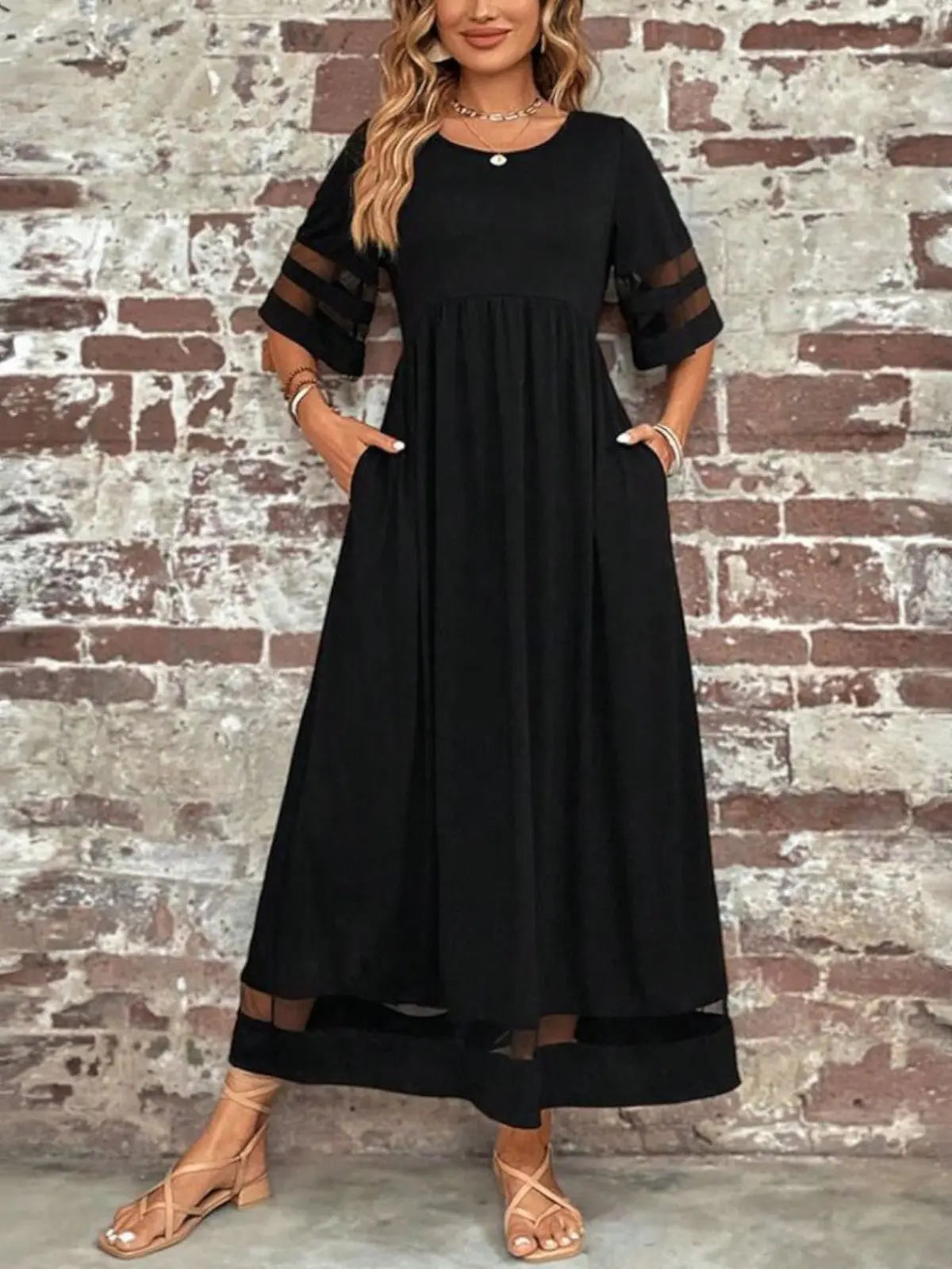 Maxi Dress Mesh Panel Sleeves Tummy Flattering Fit