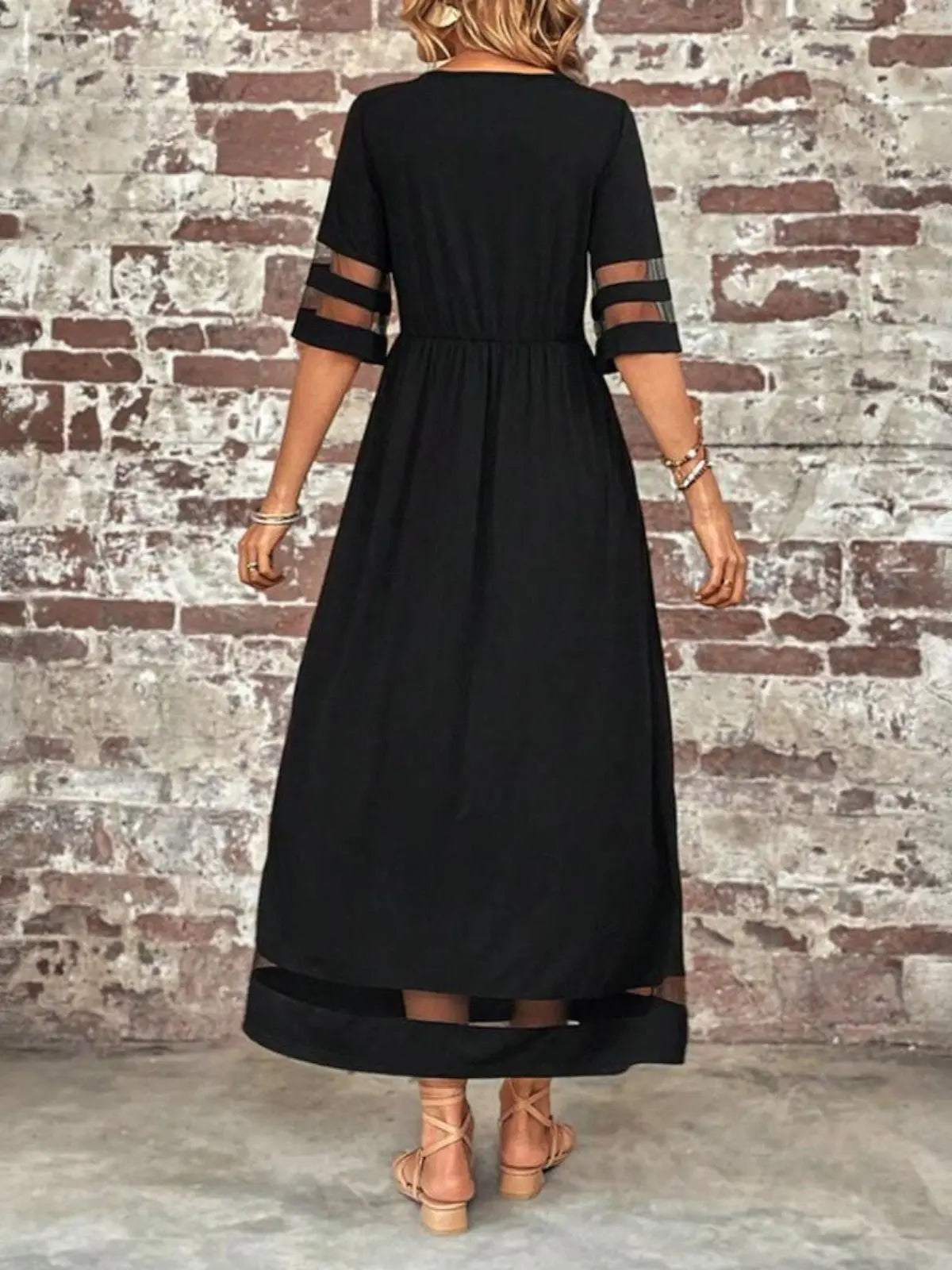 Maxi Dress Mesh Panel Sleeves Tummy Flattering Fit