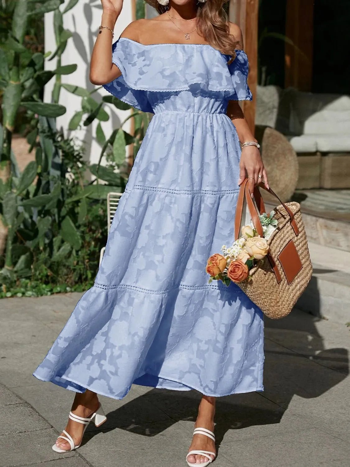 Maxi Dress Off Shoulder Tiered Ruffle Summer - Light Blue