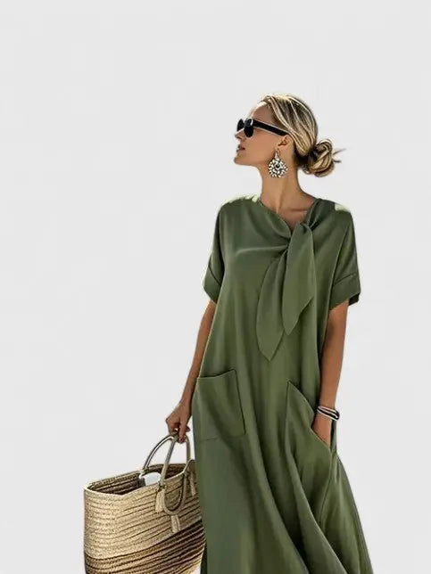 Maxi Dress Tie Neck Short Sleeve Relaxed Fit Pockets - Army Green