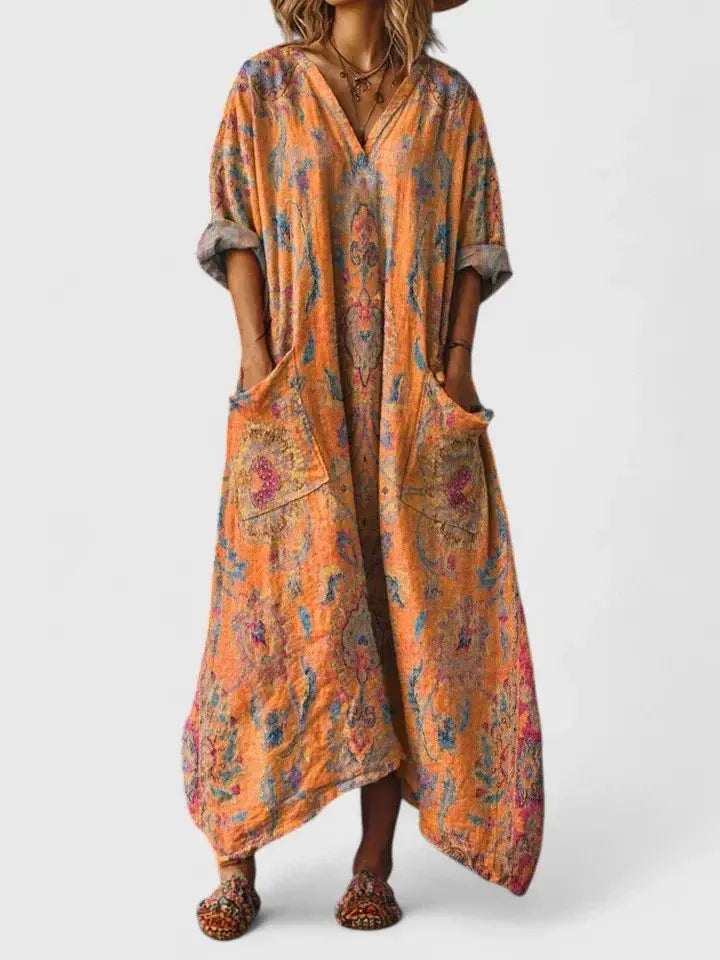 Maxi Dress V-Neck Bohemian Cotton Front Pockets - Orange