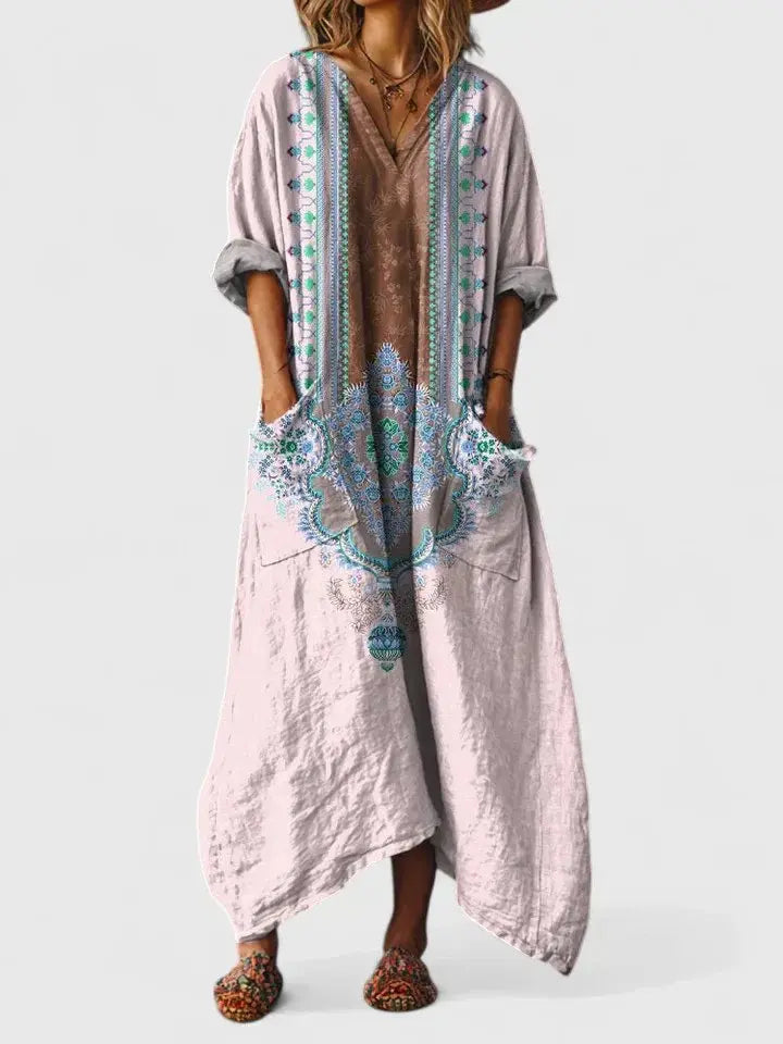 Maxi Dress V-Neck Bohemian Cotton Front Pockets - Light Pink