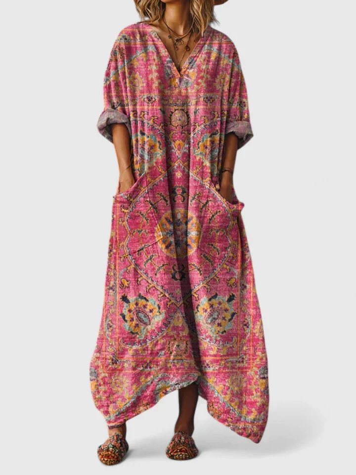 Maxi Dress V-Neck Bohemian Cotton Front Pockets - Dark Pink