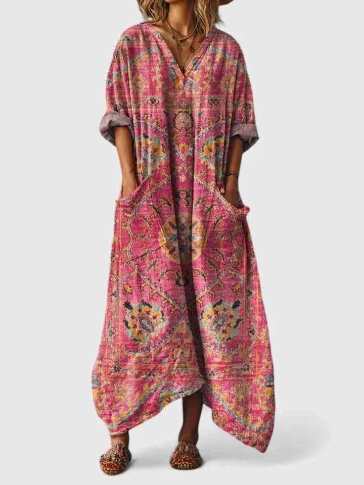 Maxi Dress V-Neck Bohemian Cotton Front Pockets - Dark Pink