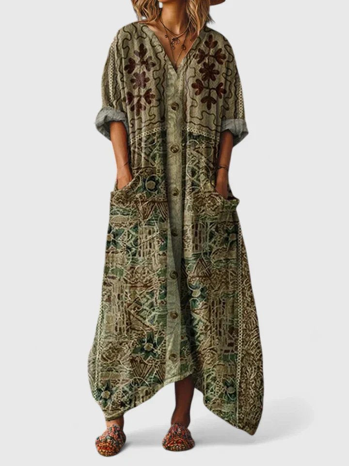 Maxi Dress V-Neck Bohemian Cotton Front Pockets - Olive Green